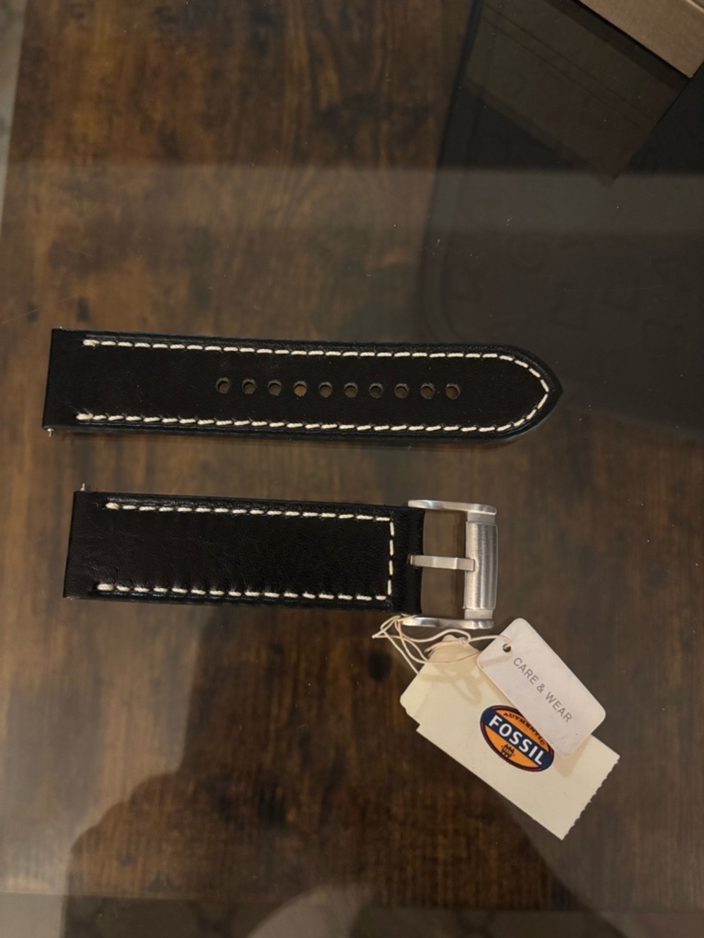 Fossil Black Leather Watch Strap with White Stitching and Silver Buckle